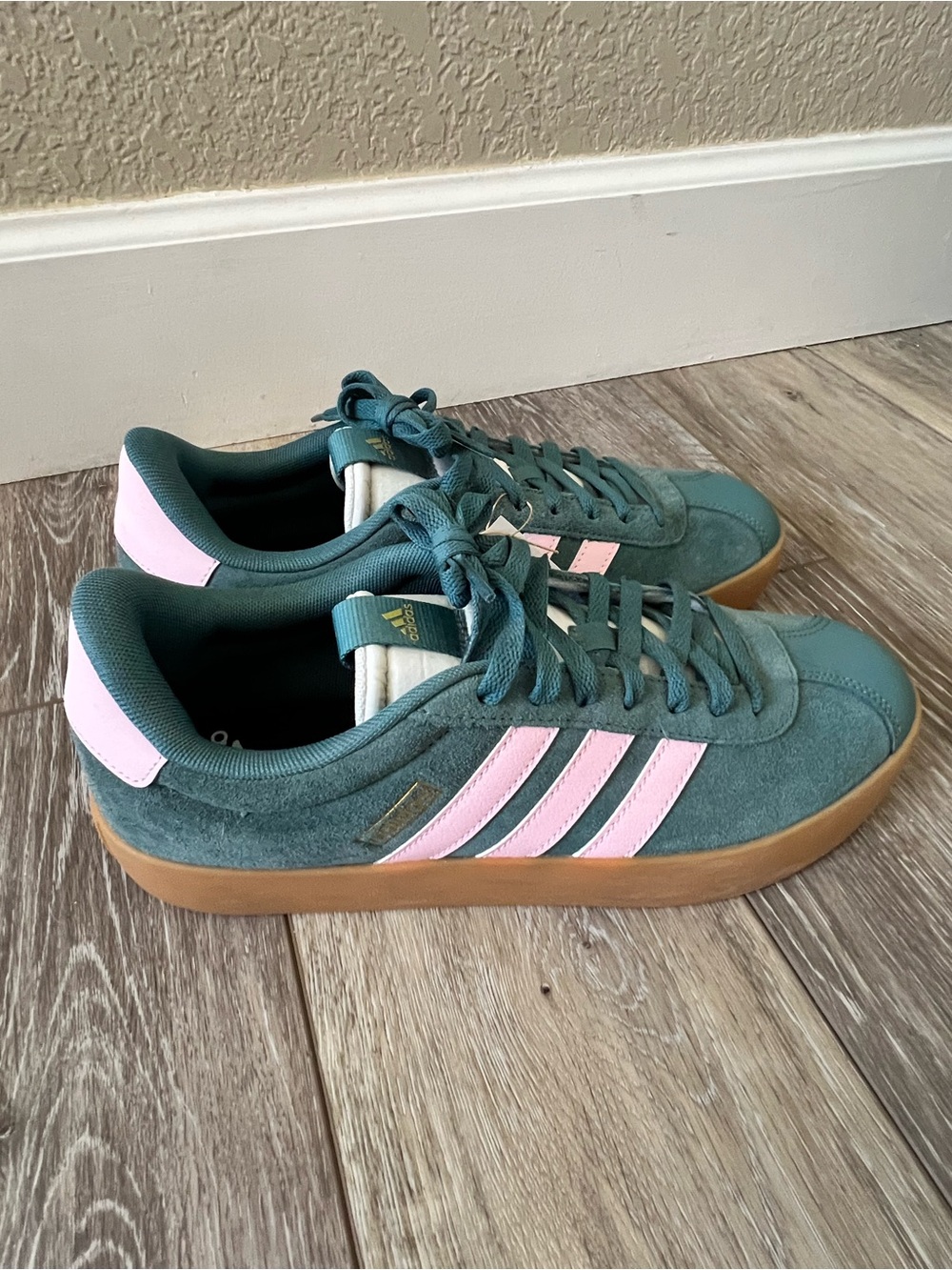 adidas Women Teal Suede Sneakers with Pink Stripes and Gum Sole - Picture 8 of 9